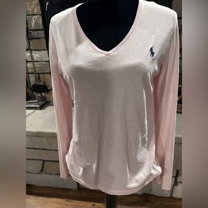 Polo by Ralph Lauren Women's Light Pink Long Sleeve V-Neck Top